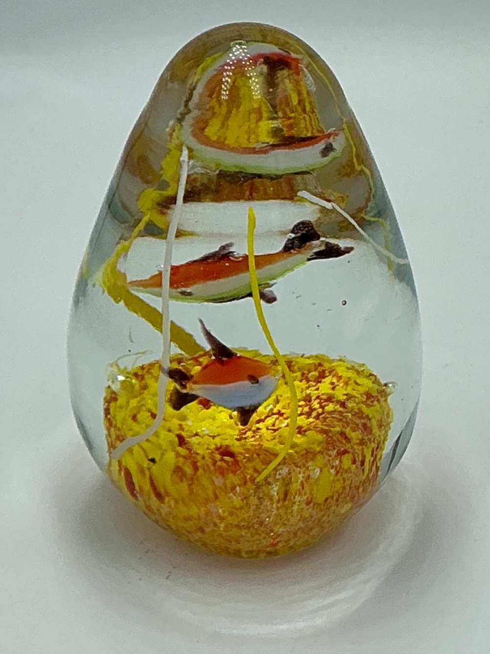 Vintage Egg Shaped Art Glass Paperweight Aquarium Red Fish Yellow Coral